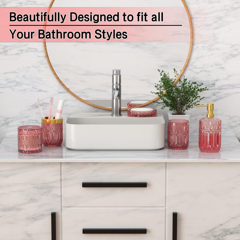 QIQU New Pink Bathroom Accessories Set  5 Pcs Clear Glass Bathroom Accessories Sets with Lotion Soap Dispenser  Soap Dish  Toothbrush Holder  Bathroom Tumbler  Cotton Swab Jars  Perfect for Bathroom Decor - Image 5